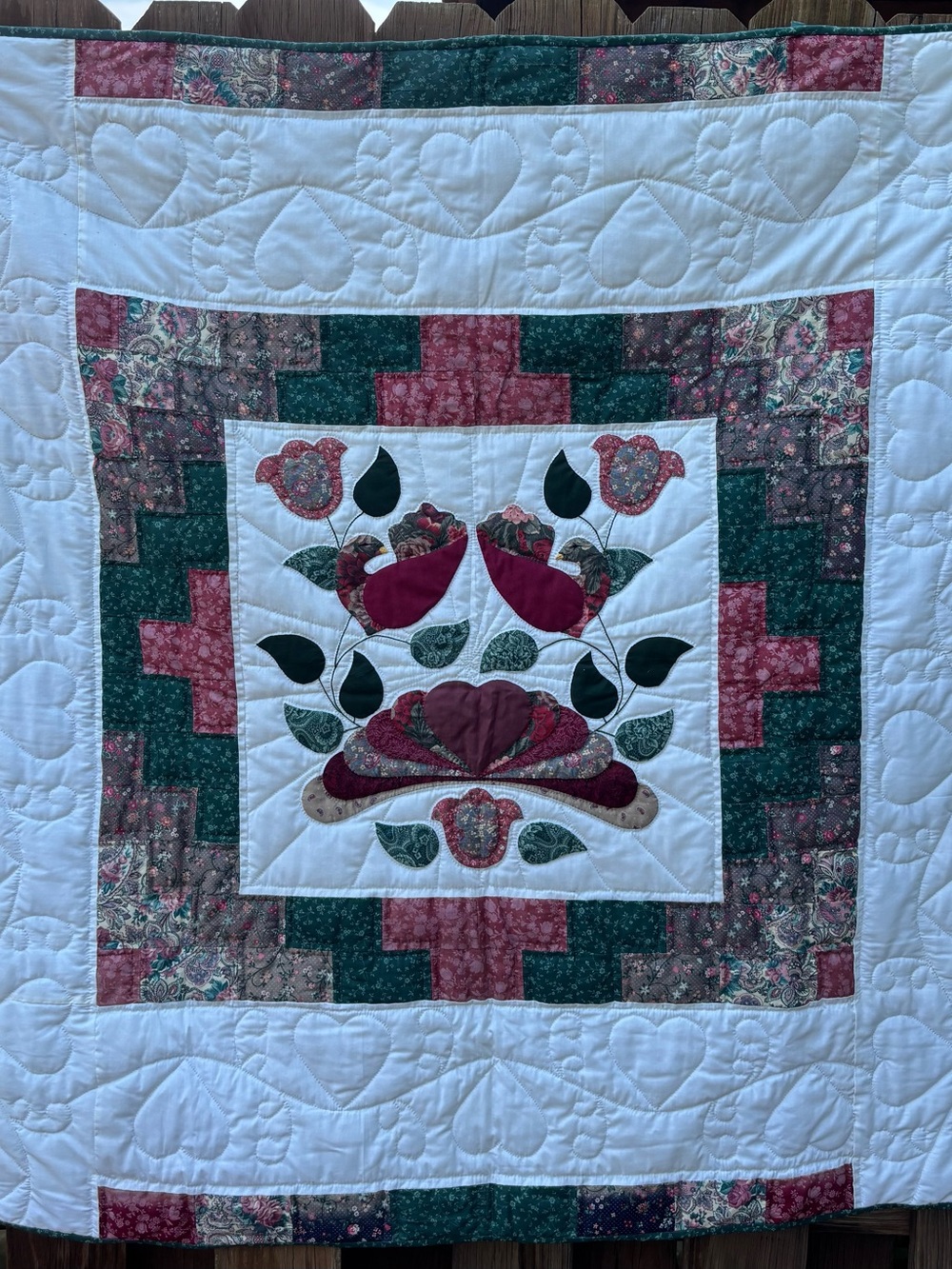 Hand stitched Amish Floral wall hanging Quilt - Burgundy, Green & white 53”x 53”